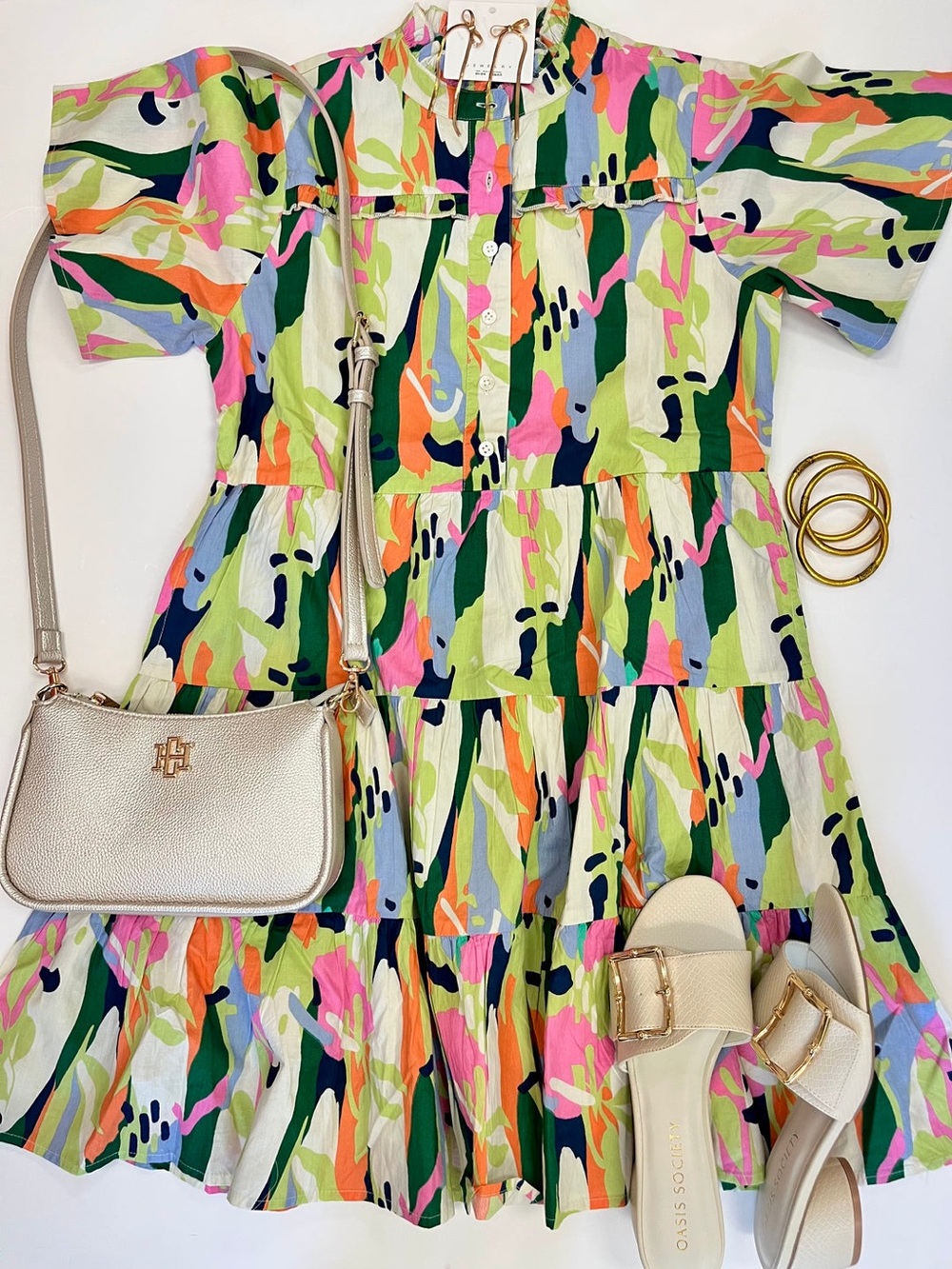 THML Multicolor Abstract Tiered Mini Dress - Green, Pink, Orange, Navy, Cream